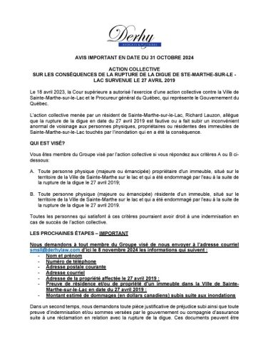 AVIS IMPORTANT EN DATE DU 31 OCTOBRE 2024 – ACTION COLLECTIVE SUR LES CONSÉQUENCES DE LA RUPTURE DE LA DIGUE DE STE-MARTHE-SUR-LE -LAC SURVENUE LE 27 AVRIL 2019