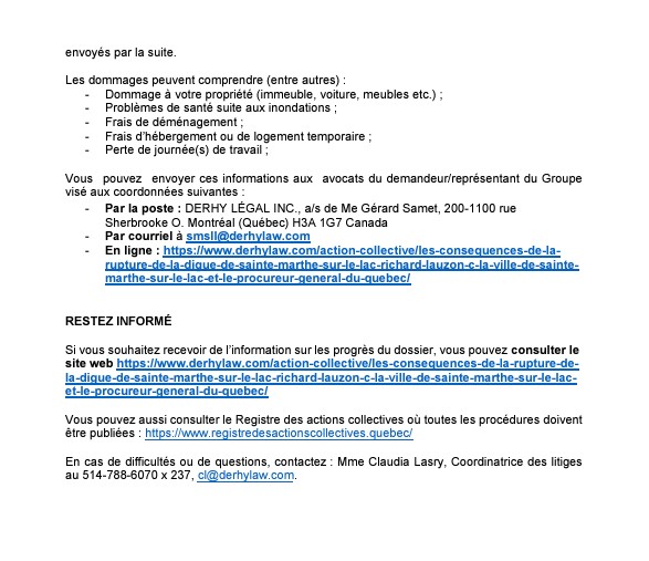 AVIS IMPORTANT EN DATE DU 31 OCTOBRE 2024 – ACTION COLLECTIVE SUR LES CONSÉQUENCES DE LA RUPTURE DE LA DIGUE DE STE-MARTHE-SUR-LE -LAC SURVENUE LE 27 AVRIL 2019